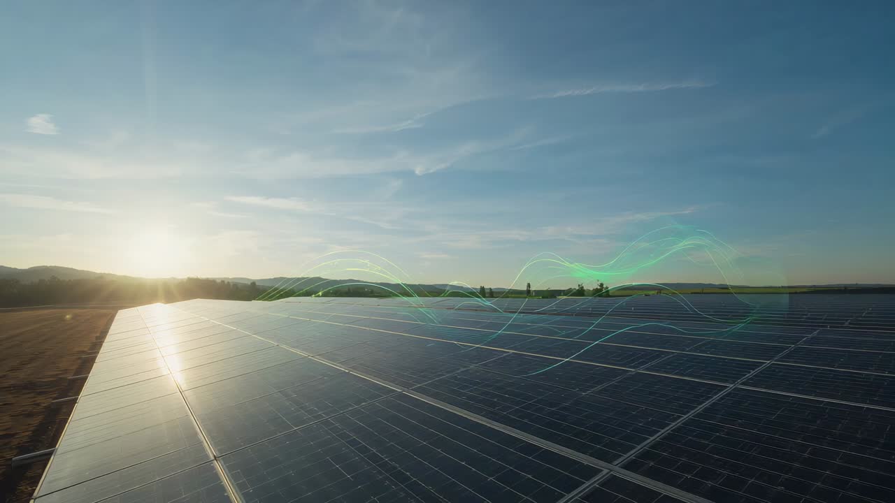Gliding drone filming solar farm on rural land while sun glare shifting, showing green waveform