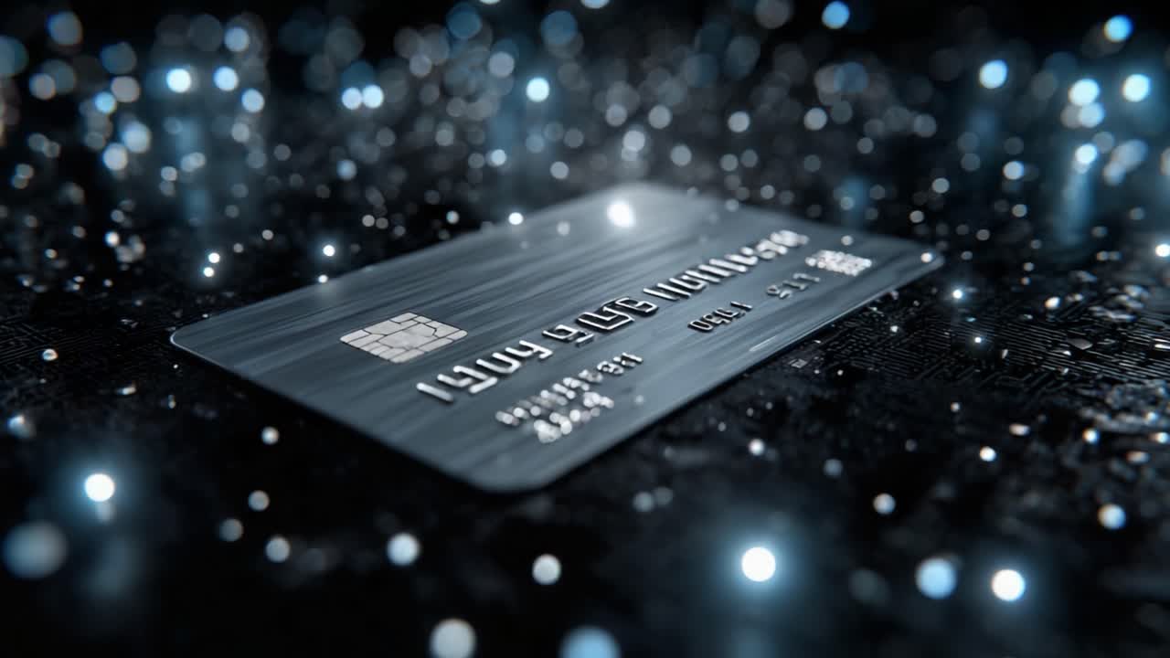Elegant black credit card with a brushed metal finish resting on a dark, technical surface with glowing bokeh lights, representing concepts of finance, technology, and secure transactions