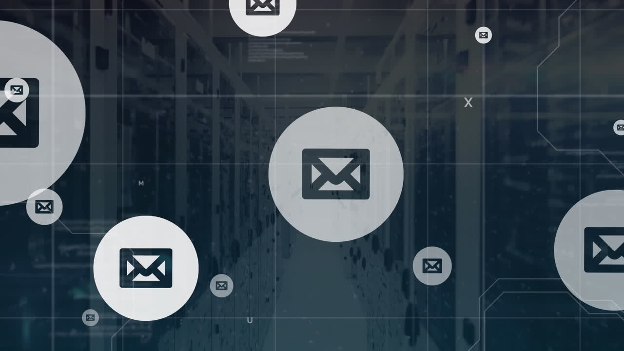 animación de múltiples iconos de mensajes flotantes y procesamiento de datos contra la sala de servidores de computadoras
