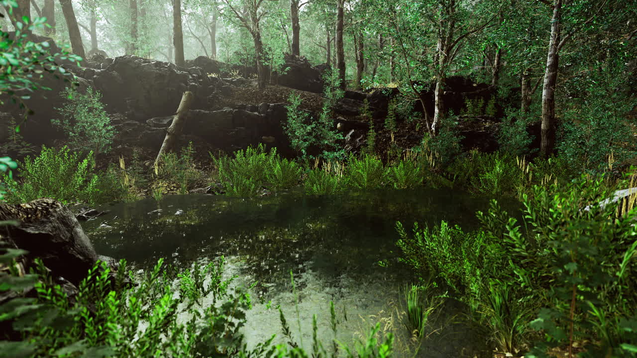 울창 한 초록색 으로 둘러싸인 조용 한 연못 이 있는 조용 한 숲 환경