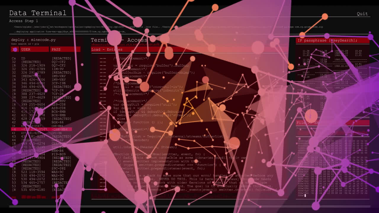 Animation d'un réseau de connexions et de traitement de données sur un écran d'accès terminal.