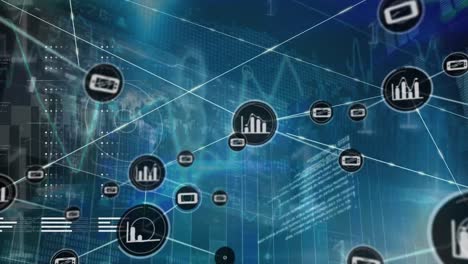 animación de la red de iconos digitales y interfaz con procesamiento de datos y codificación binaria