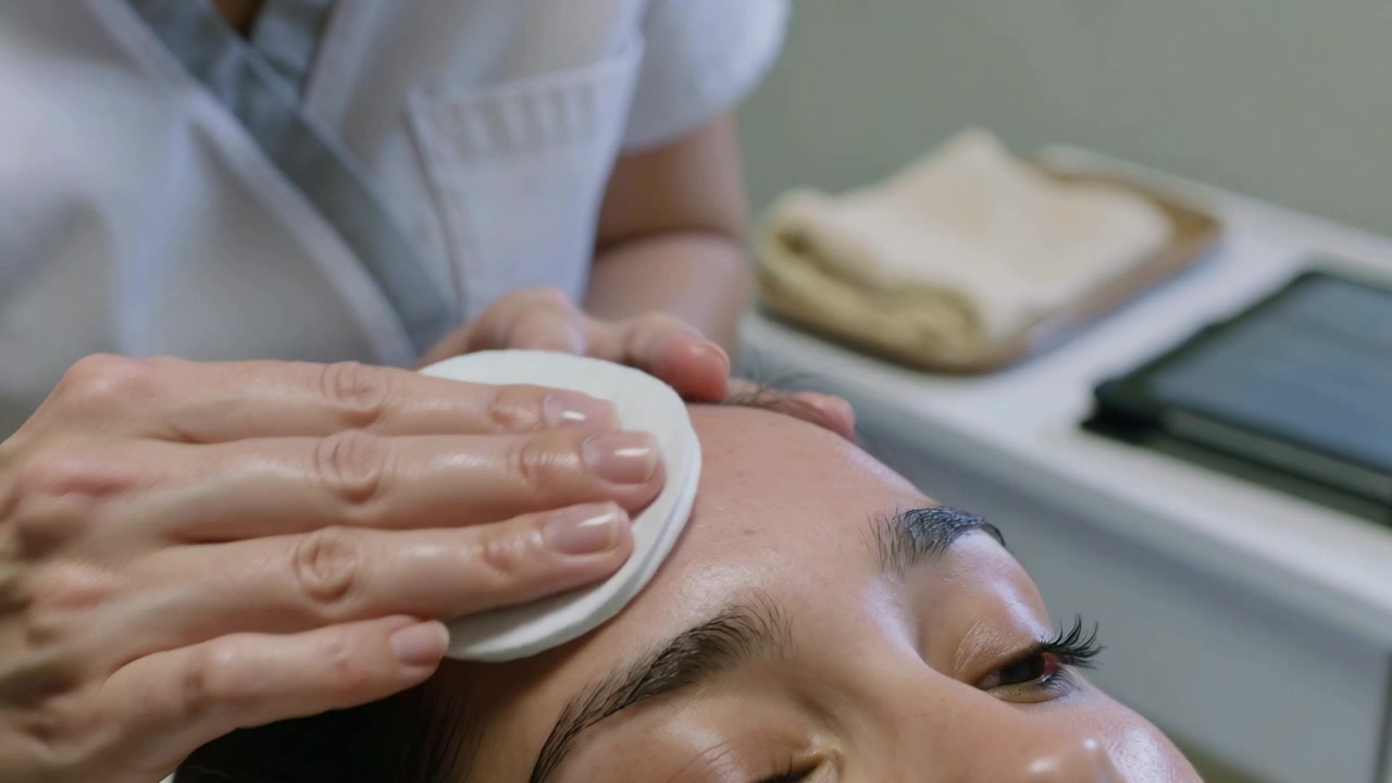 Estetista che posiziona un dischetto di cotone e pulisce la fronte della cliente in clinica, detergendo la pelle e rivelando una fascia per capelli.