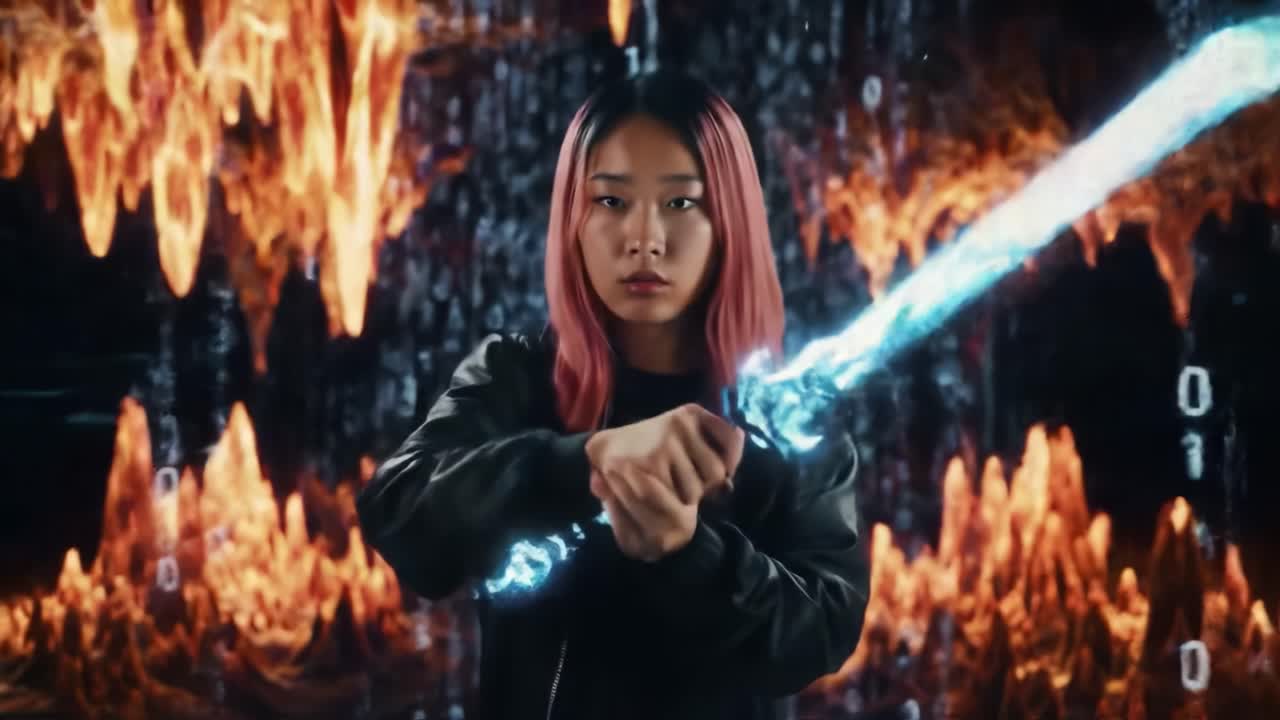 A Young Warrior Wields a Glowing Sword Amidst a Digital Firestorm, Representing the Clash of Technology and Fantasy in a Riveting Visual Experience