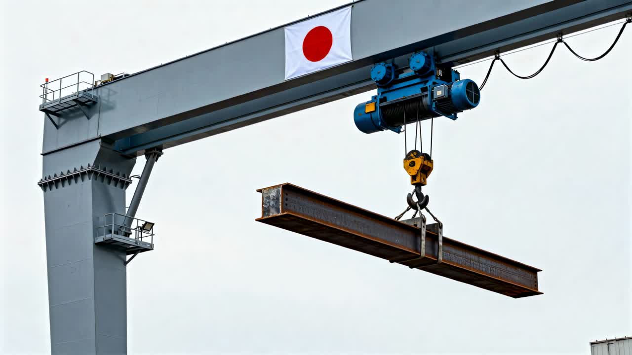 造船所でI形鋼を運ぶ、走行式ホイスト・トロリー移動ガントリークレーンが作動中、日の丸付き。