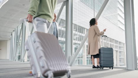 airport, travel and business woman with luggage