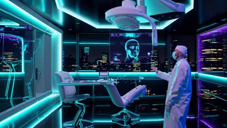 futuristic medical operating room with holographic display