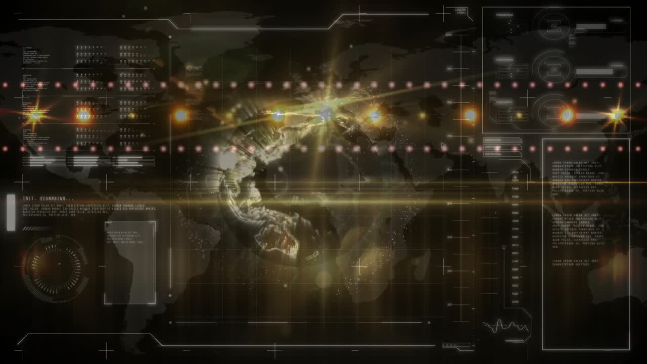 미래의 데이터 처리 및 세계 지도 배경에 대한 디지털 인터페이스 애니메이션