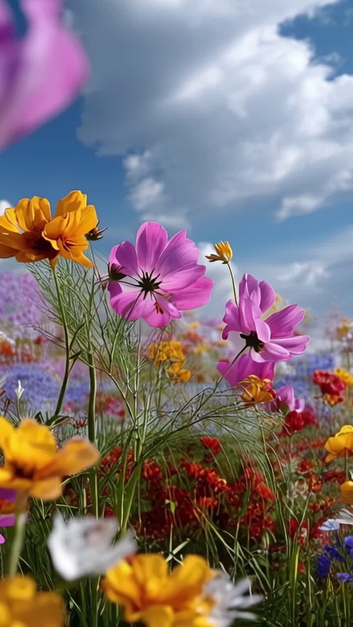 Vibrant Display of Wildflowers Under a Bright Blue Sky with Fluffy Clouds Showcasing Nature's Beauty and Colorful Flora in Full Bloom on a Sunny Day