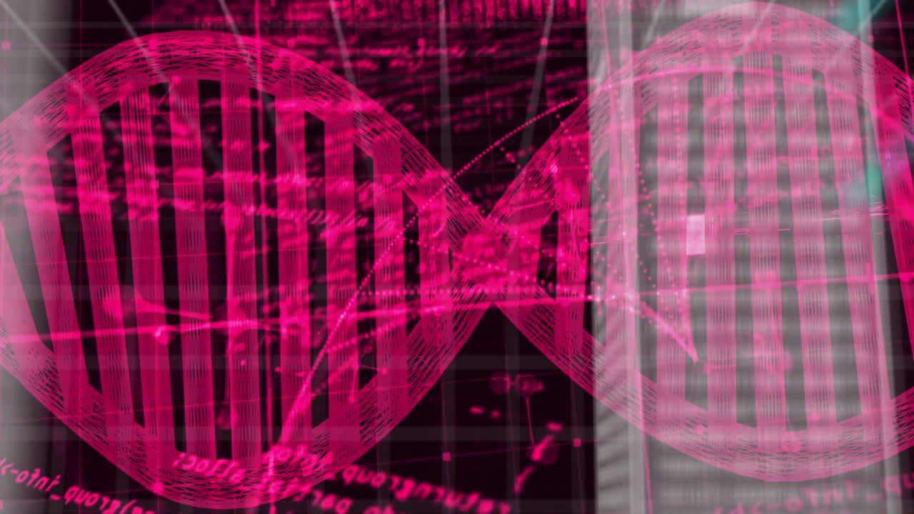 cadena de adn y codificación binaria, animación de procesamiento de datos científicos