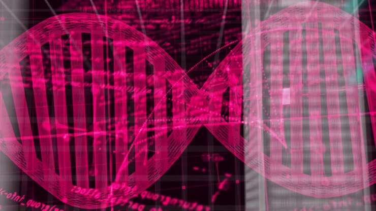 Filamento di DNA e codifica binaria, animazione di elaborazione dati scientifici