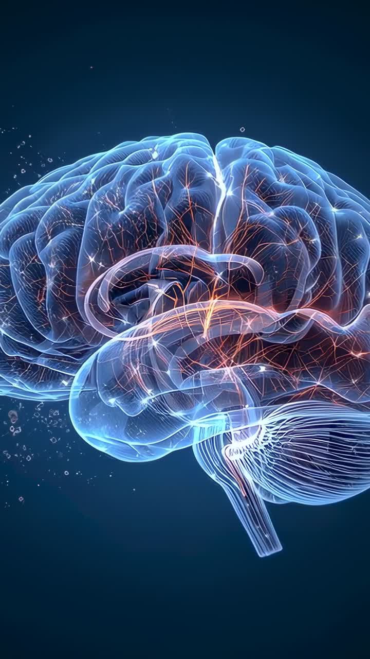 Vertical video: Looping clear 3D brain pulsing orange tracts while showing neural activity in lab