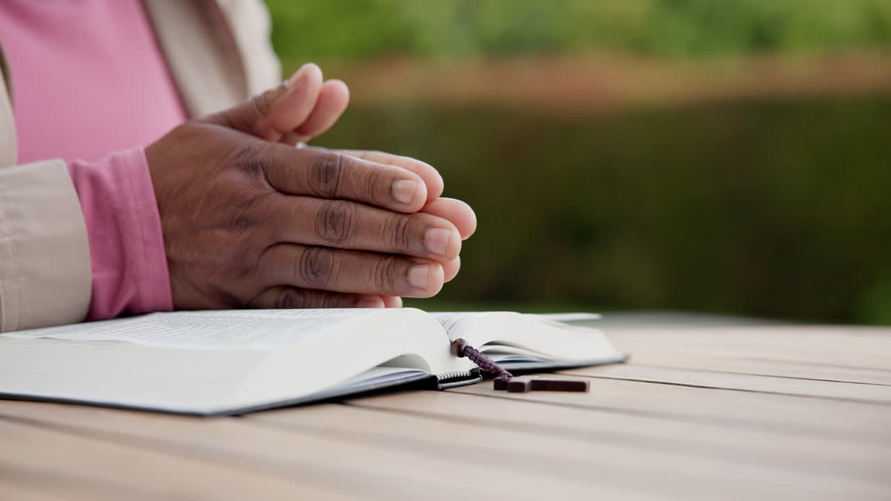 Praying, bible and hands of person in garden