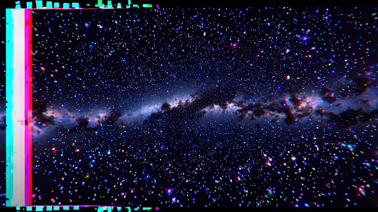 Colorful glitch effect over a starry galaxy. Vibrant glitch art with stars and cosmic patterns