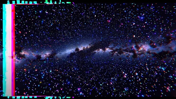 Colorful glitch effect over a starry galaxy. Vibrant glitch art with stars and cosmic patterns