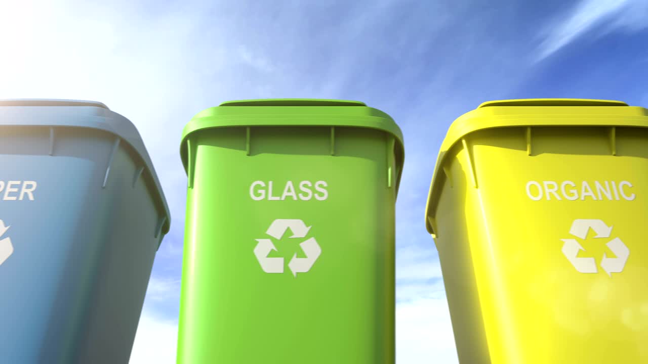 Multi colored garbage bins with waste type separation labels and recycle logos