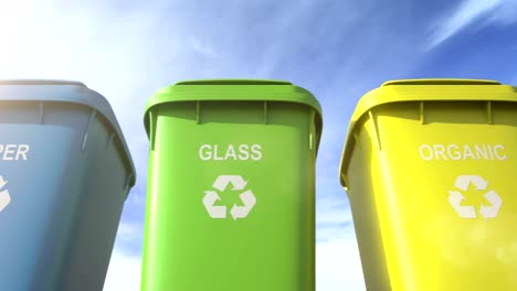 multi colored garbage bins with waste type separation labels and recycle logos