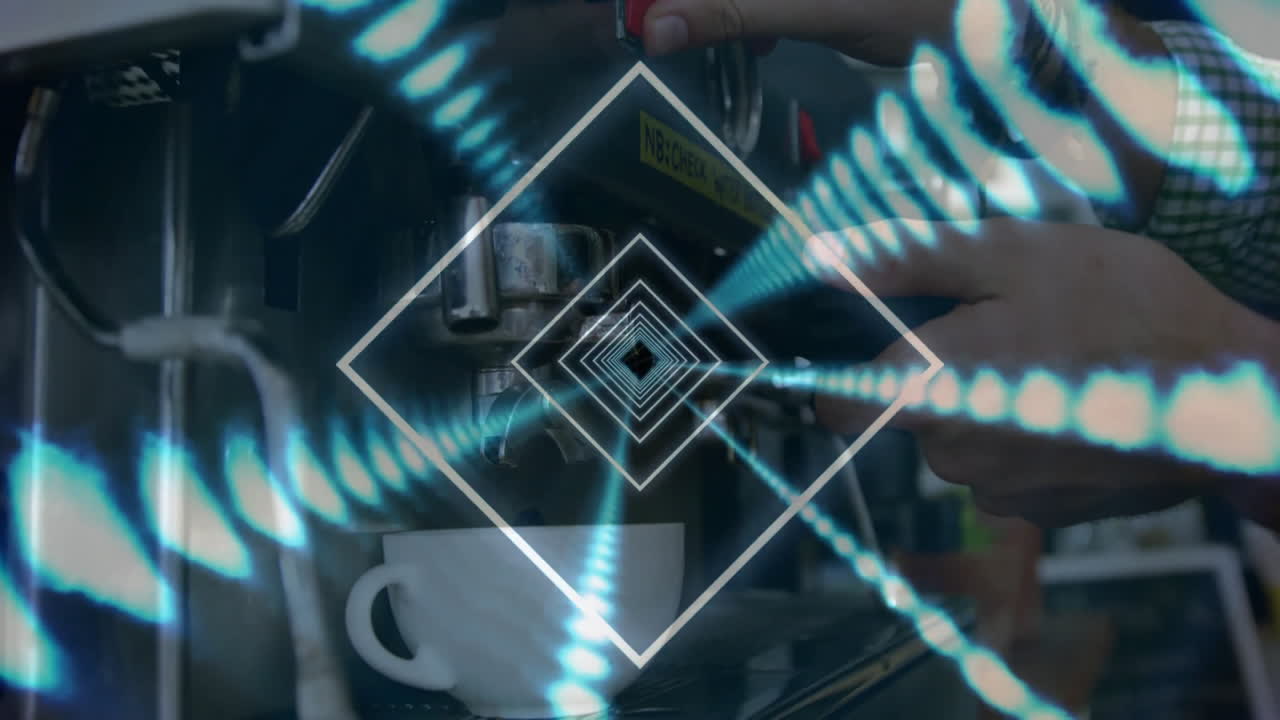 Barista hands locking portafilter into espresso machine above cup while digital blue trails flowing