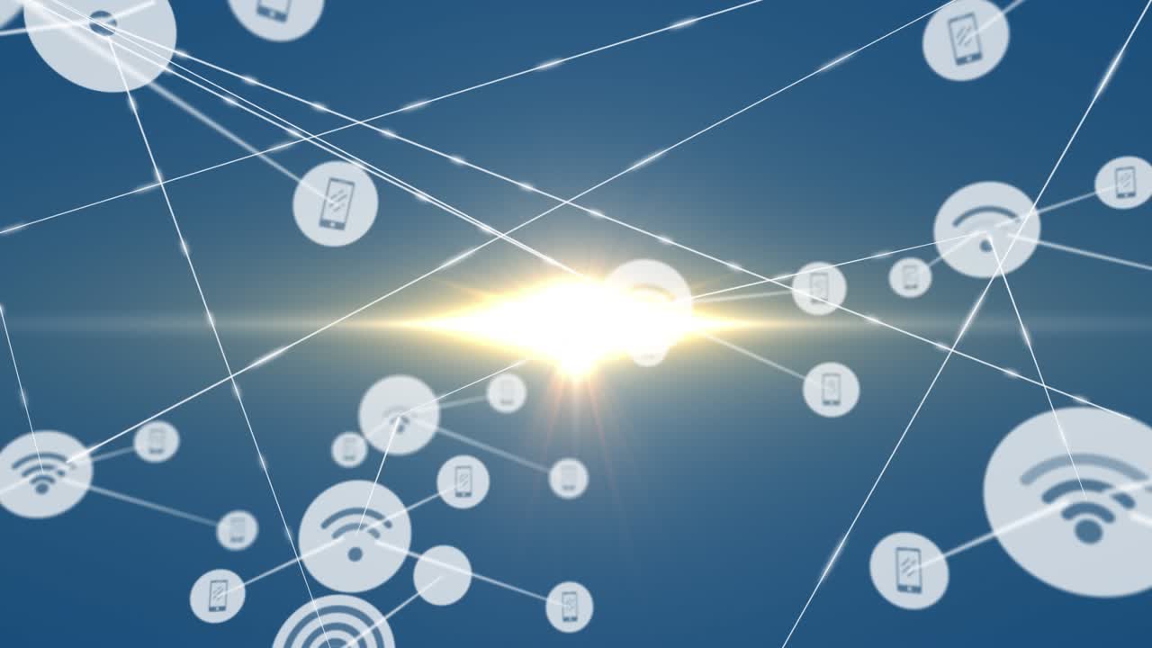 Animation of network of connections with icons over light trails on blue background