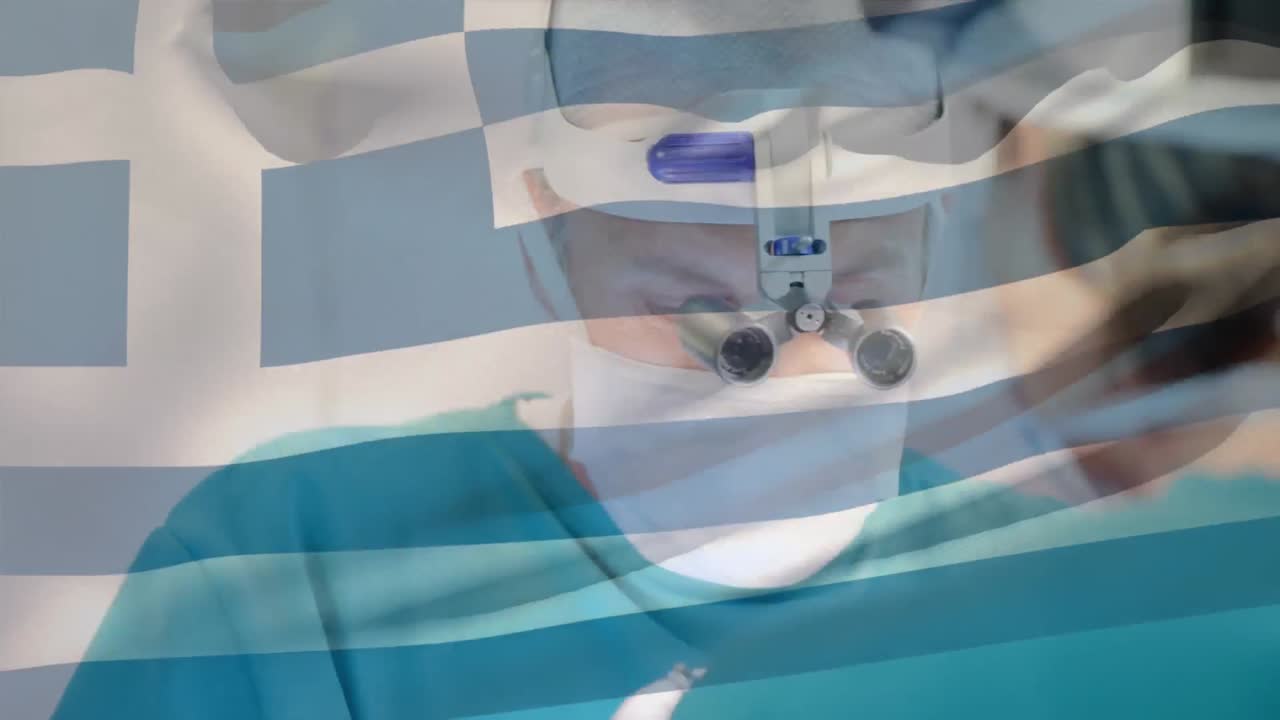 수술실 에 있는 외과 의사 들 위 에 그리스 국기 가 흔들리는 애니메이션
