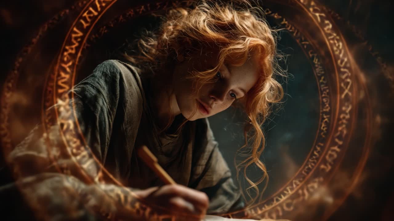 A Young Sorceress Engrossed in Enchantment: Captivating Moments of Magic as She Channels Her Power Through Ancient Writing