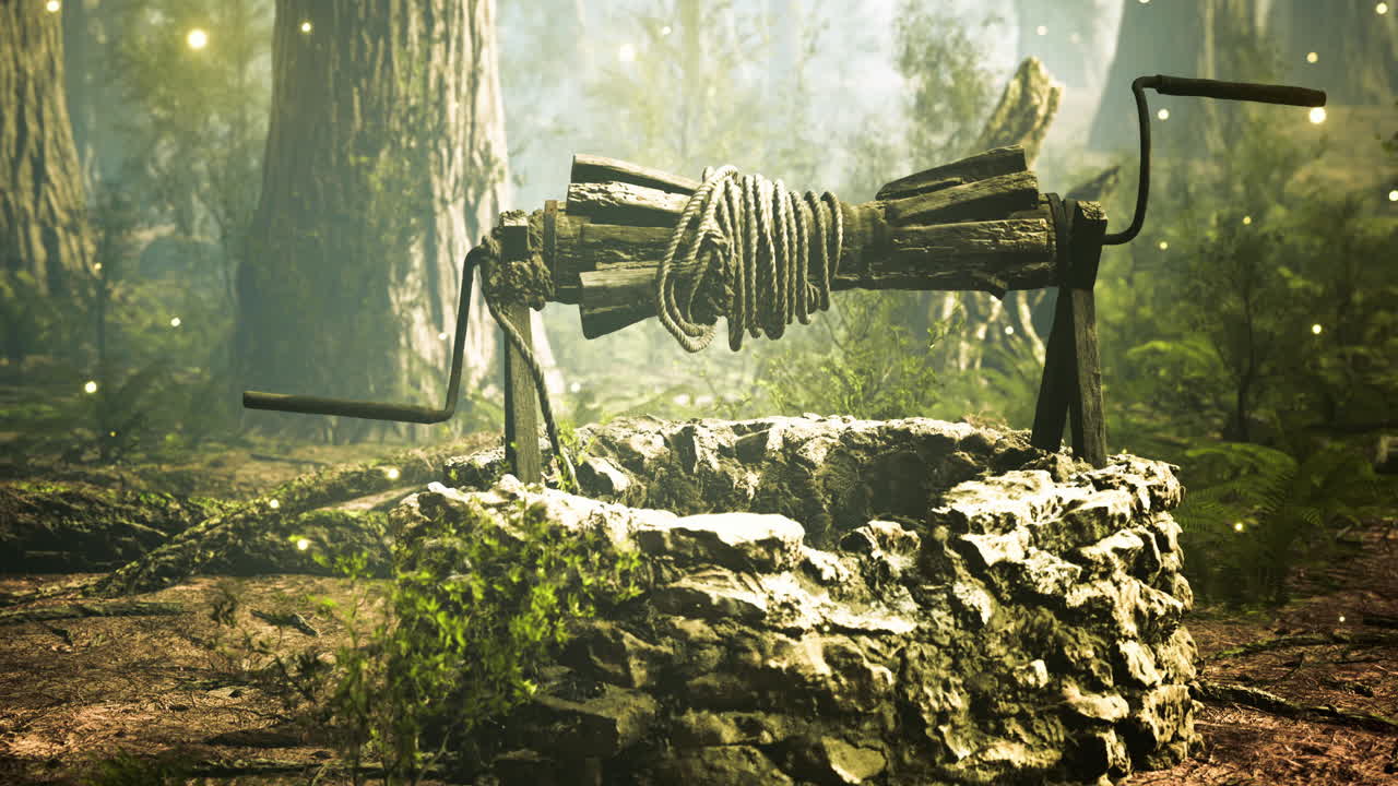 Ancient well surrounded by lush forest under soft mystical lighting