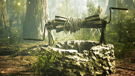ancient well surrounded by lush forest under soft mystical lighting