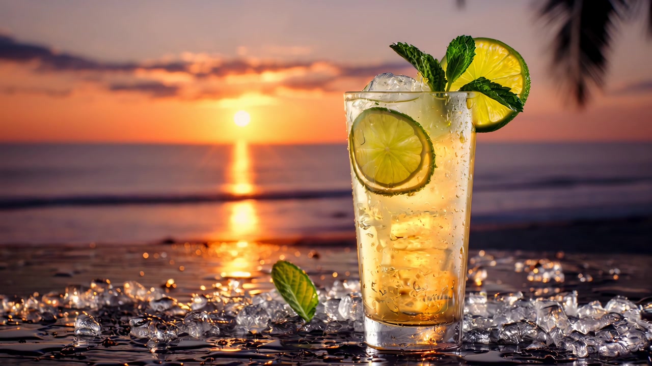 Forfriskende cocktail med lime og mynte på en tropisk strand ved solnedgang