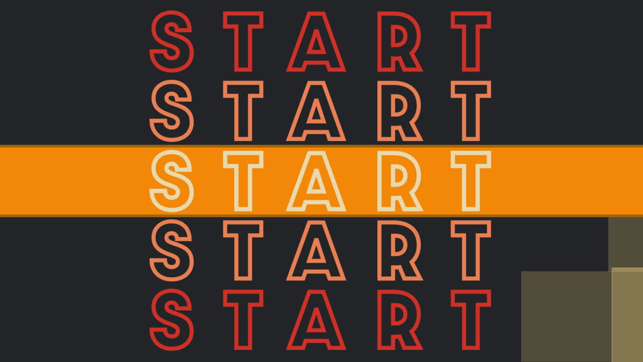 Animation of start text repeated over yellow squares on black background