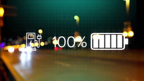Animation-of-interface-with-charging-battery-icon-and-speedometer-over-road