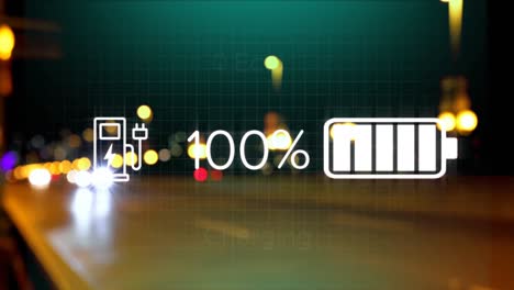 animación de la interfaz con el icono de carga de la batería y el velocímetro sobre la carretera