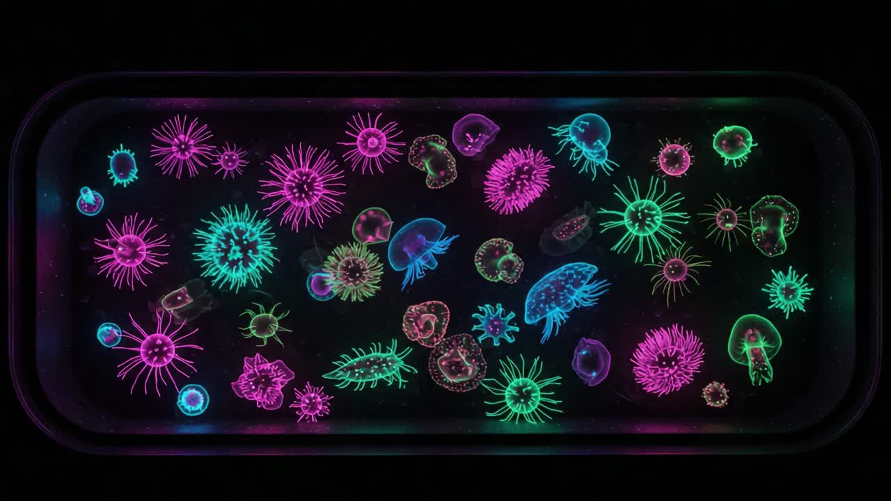A Breathtaking Underwater Display of Colorful Microorganisms Captured Through a Microscope, Showcasing the Intricate Diversity and Beauty of Life in the Water