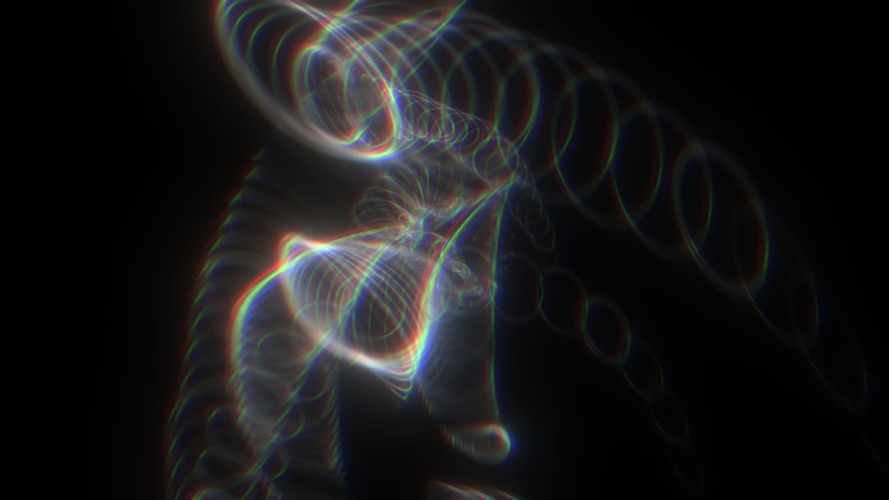 Abstract Spiral Slinky Particles with Chromatic Aberration Flying from Central Point. VFX Wallpaper Background.