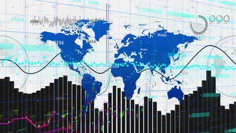 world map with financial graphs and data processing animation overlay