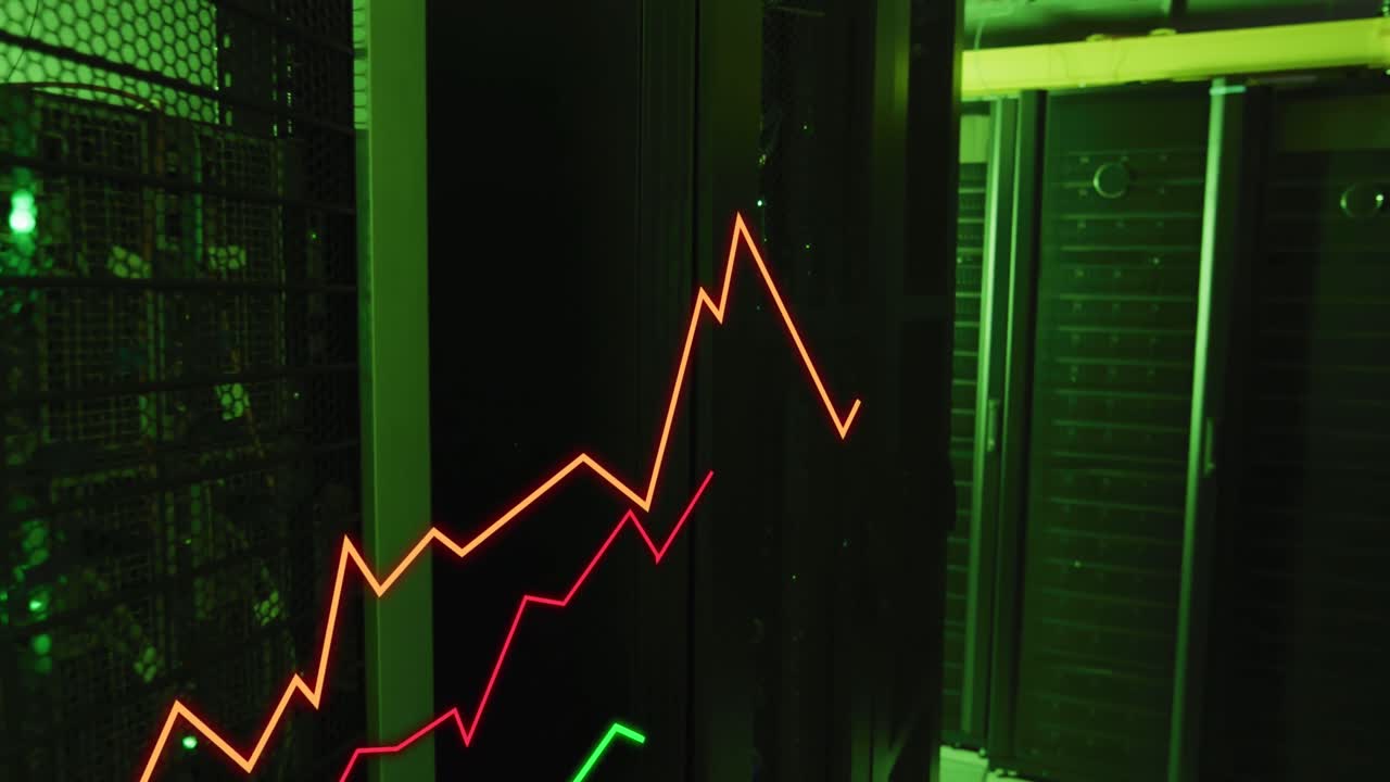 Animazione di grafici in crescita su sistemi server di dati illuminati in una sala server
