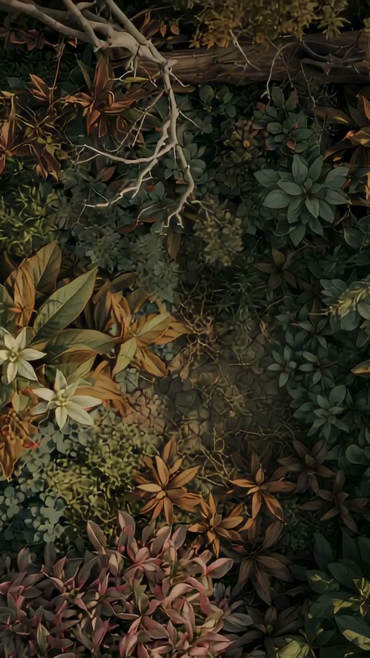 Vertical video: Shifting camera revealing dense forest floor foliage, exposing pale gnarled branch
