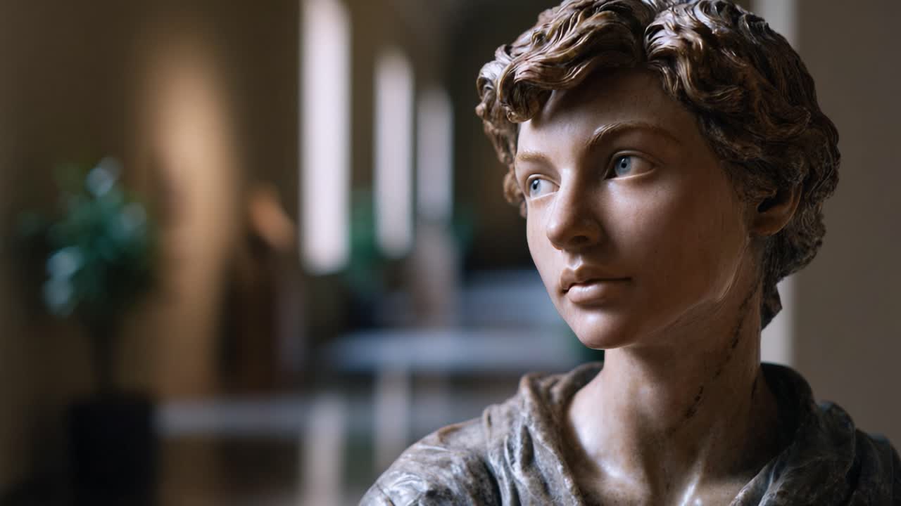 Un primo piano mozzafiato di una scultura a busto realistica raffigurante una giovane figura pensierosa con tratti naturalistici ed espressioni dettagliate in una galleria d'arte.