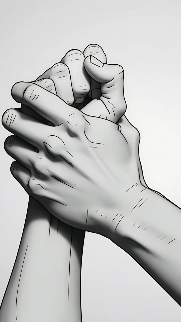 Vertical video: Clenching fist then second hand wrapping and lifting hands in studio showing unity