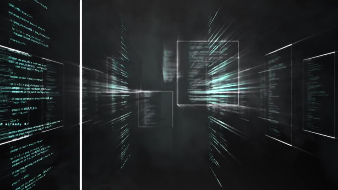 Digital animation of data processing and multiple square shapes against black background