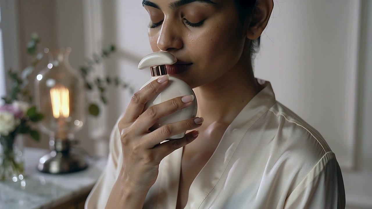 Mulher em roupão de cetim pegando perfume, cheirando antes de aplicar no pescoço para perfumar-se na penteadeira.