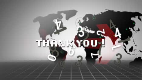 gracias texto sobre múltiples números cambiantes y mapa del mundo contra un fondo gris