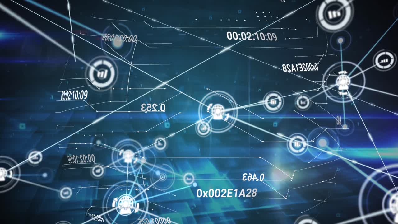 animación de iconos conectados, cambiando números sobre líneas que forman un globo contra un fondo abstracto
