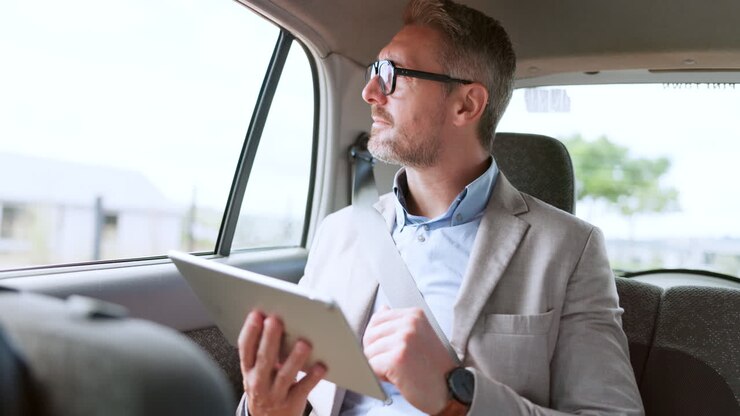 Auto, tablet e uomo d'affari pensieroso