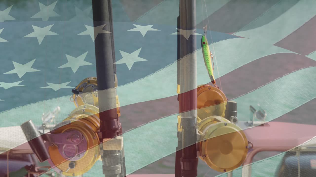 미국  ⁇ 발이 보트 위에 두 개의  ⁇ 시줄을 가 ⁇ 게 바라보며 흔들리고 있습니다.