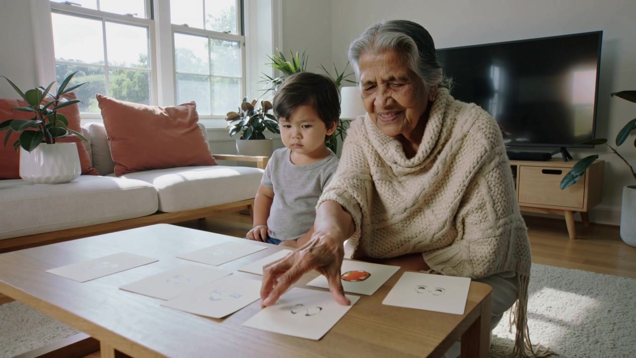Nonna con scialle di lana che fa scorrere e solleva flashcard su un tavolino a casa, guidando un bambino