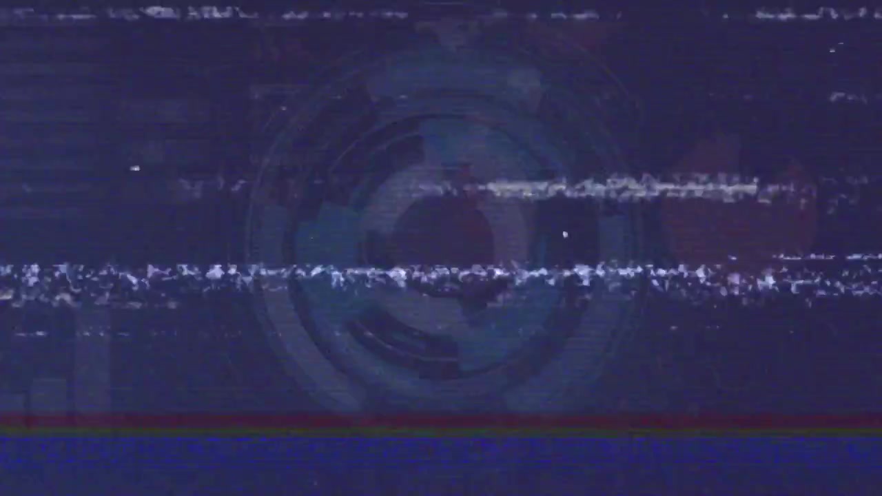 Signal glitching broadcast, shifting noise bands and colored scanlines, revealing obscuring emblem