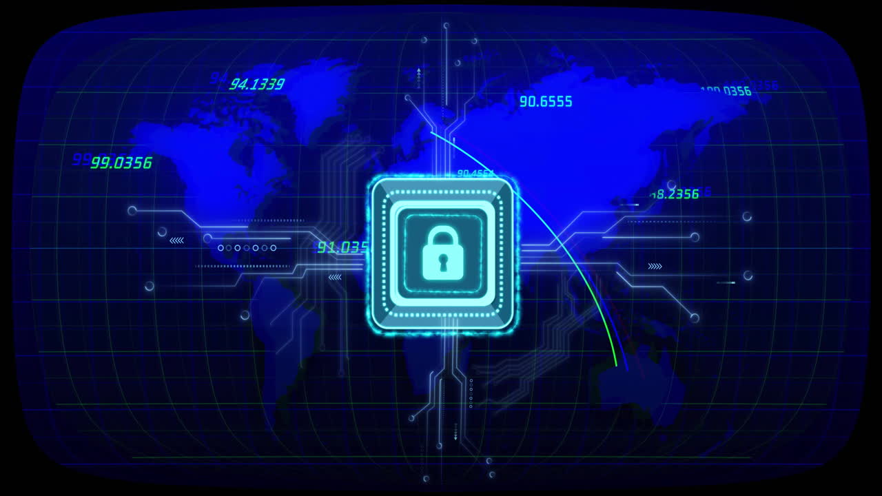 Digital lock icon and coordinates animation over world map background