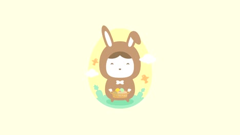 niño conejo de pascua sosteniendo una colorida canasta de huevos de pascua con pájaro, zanahoria, nube pop up animación de bucle 4k sobre fondo blanco