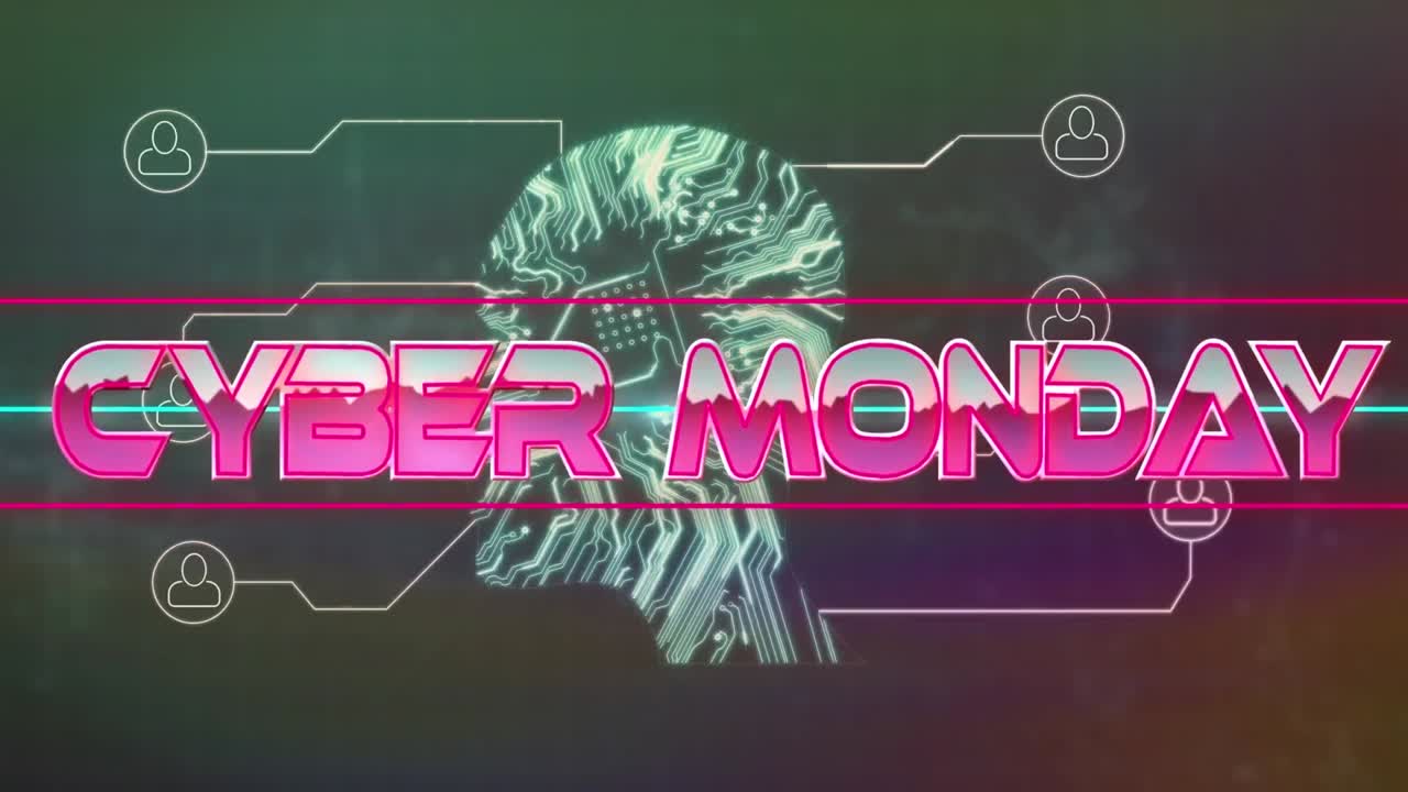 Cyber monday text on neon banner against microprocessor connections forming a human head