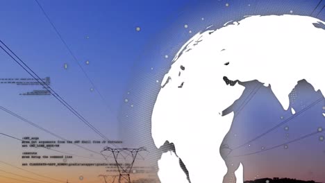 animation of globe and data processing over electricity poles at sunset